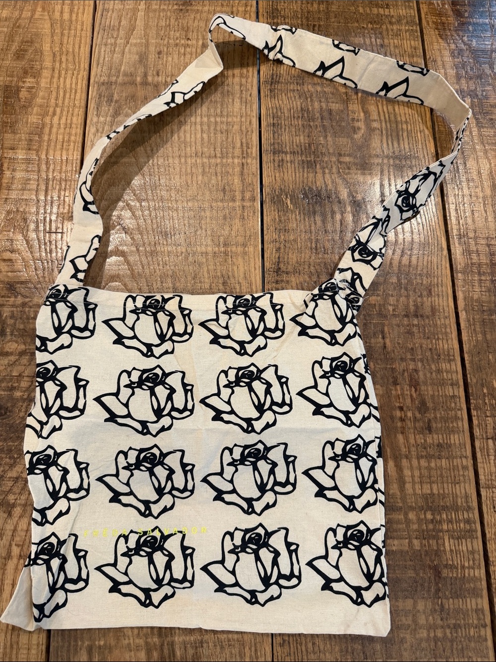 Freda Salvador Canvas Rose-Print Crossbody Tote — Black & Cream